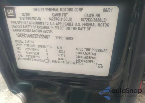 2002 Chevrolet Silverado 1500 Ls из США, поврежденный, VIN 1GCEC14VX2Z122467